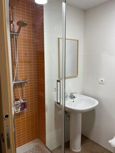 La salle de bains est pourvue d'un lavabo et d'une douche. dans l'établissement Apartamento RENACIMIENTO con garaje, à Badajoz