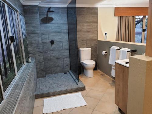 a bathroom with a shower with a toilet and a sink at Bikkurim Inn in Nelspruit