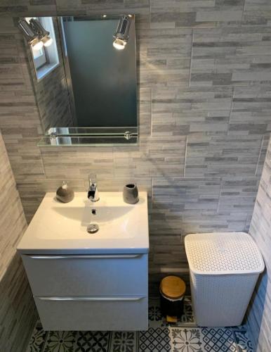 une salle de bain avec un lavabo et un miroir et des toilettes dans l'établissement Rez de villa avec place de parking et vue mer., à La Ciotat