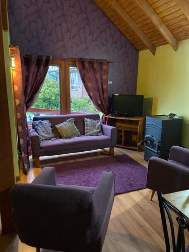 sala de estar con sofá púrpura y TV en Cabañas El Galo, en Panguipulli