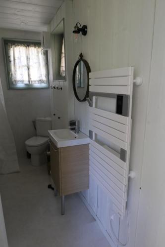 une salle de bain avec un lavabo, des toilettes et un miroir dans l'établissement Les Jardins d'Olus, à Wandignies-Hamage
