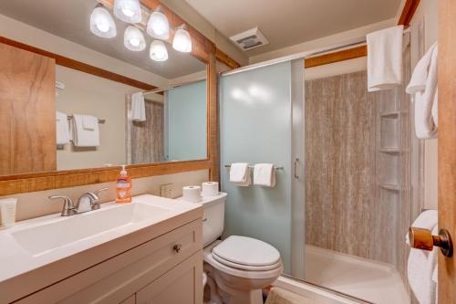 a bathroom with a sink and a toilet and a shower at Make Way for the Mountains in Truckee