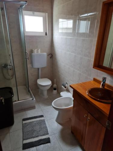 une salle de bain avec toilettes, douche et lavabo dans l'établissement Casa da Cruz, à Santa Cruz das Flores