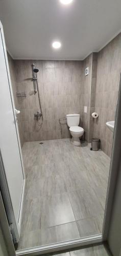 a bathroom with a shower and a toilet in it at Нашата къща "our house" in Pomorie