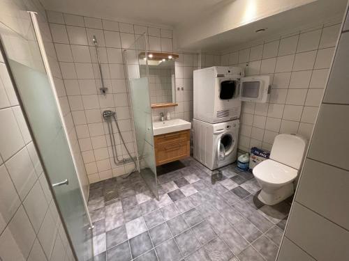 y baño con aseo, lavabo y lavadora. en Fint, gratis parkering, med 20 min till Göteborg C, en Kungälv
