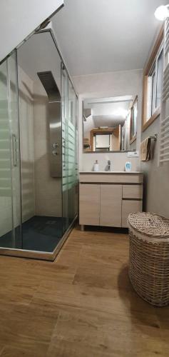 a bathroom with a glass shower and a sink at Apartamentos arcade in Arcade