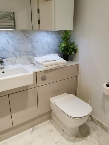 a bathroom with a white toilet and a sink at Comfy 1 bed studio 1 minute from Train station in London