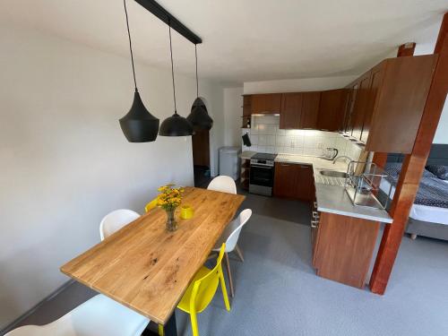 a kitchen with a wooden table and some chairs at Apartmány U Medvěda in Horní Blatná