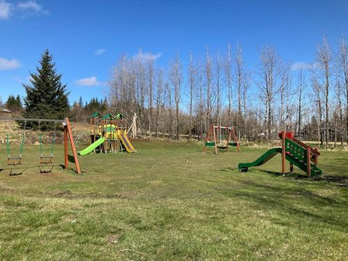 a group of playground equipment in a field at Enchanting country home in Laugaras