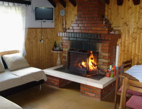 - un salon avec une cheminée en briques et un canapé dans l'établissement Family friendly house with a parking space Pucisca, Brac - 749, à Pučišća