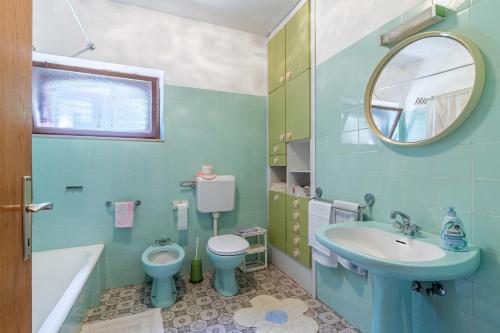 a bathroom with a toilet and a sink and a mirror at Apartments by the sea Sumartin, Brac - 758 in Sumartin