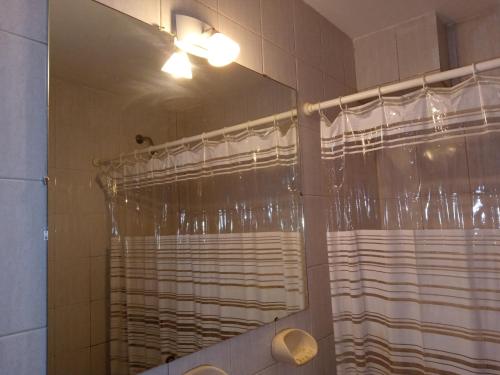 uma casa de banho com uma cortina de chuveiro e um espelho. em LA CASITA DE ALEX em San Carlos de Bariloche