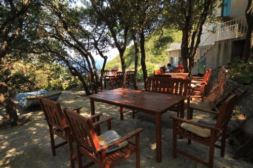 a wooden table and chairs in a yard with trees at Double Room Lucica 990a in Lastovo