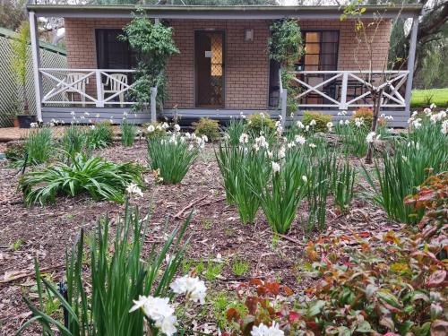 a garden with flowers in front of a house at Barossa Country Cottages in Lyndoch
