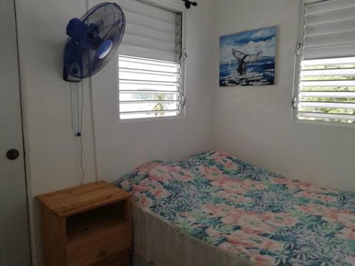 a bedroom with a bed and a fan on the wall at Studio Centrally located, 50 mts from El Malecón. in Santa Bárbara de Samaná