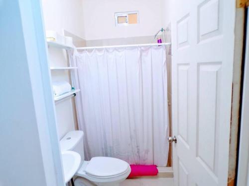 biała łazienka z toaletą i prysznicem w obiekcie Apartamento 24 cerca de galerias mall, consulado, CAS , 2 CAMAS , cocineta w mieście Hermosillo