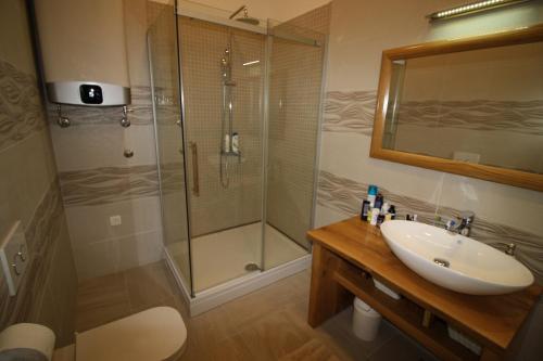 a bathroom with a glass shower and a sink at Apartments by the sea Sumartin, Brac - 18749 in Sumartin