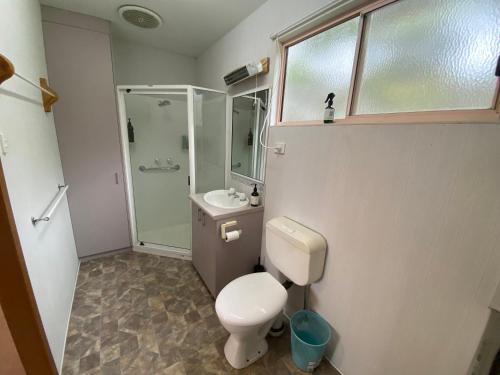La salle de bains est pourvue de toilettes, d'un lavabo et d'une douche. dans l'établissement Richo’s Retreat, 1 bed unit near Great Ocean Road, à Cobden