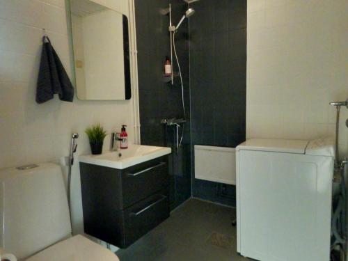 uma casa de banho com um lavatório, um chuveiro e um WC. em Herostreet Apartment 9 em Iisalmi