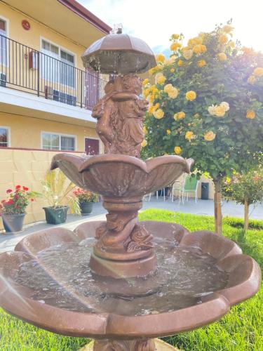 a fountain with an umbrella in a yard at Motel 7 - Near Six Flags, Vallejo - Napa Valley in Vallejo