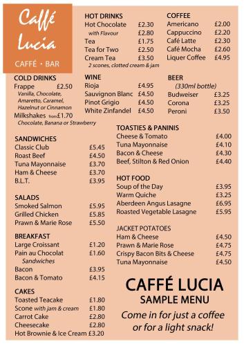 a picture of the menu of the cafe luciana at Dolphin SA1 in Swansea