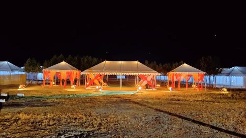 un grupo de tiendas de campaña en un campo por la noche en Kutch Classic Resort Camp, en Dhordo