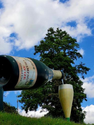 une bouteille de vin servie dans une tasse dans l'établissement Au 1894 Grand Cru, à Avize