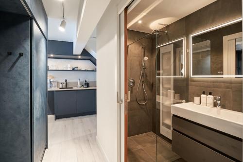 y baño con ducha y lavamanos. en Captains Boathouse Studio, en Harderwijk