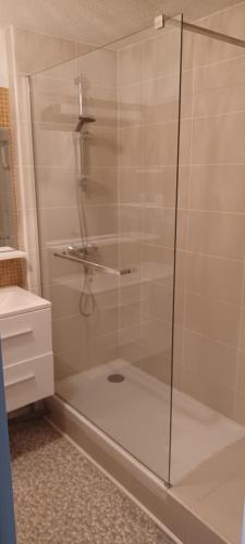 a shower with a glass door in a bathroom at LOCBASQUE COM Appartement Résid Bidart Plage , classé meublé de tourisme 3 étoiles in Bidart