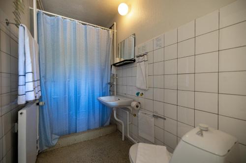 a bathroom with a toilet and a sink at Tylstrup Kro og Motel in Tylstrup