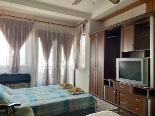 a bedroom with a bed and a tv and curtains at Sonce Guest House in Ohrid