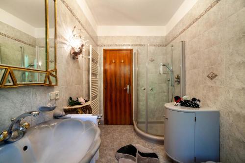 une salle de bain avec une baignoire, un lavabo et une douche dans l'établissement Villa Coris Ferienwohnung Magnolia, à Merano