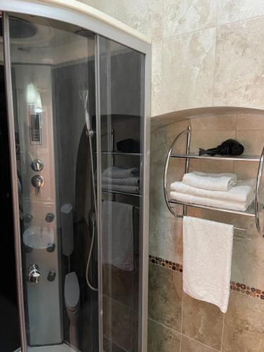 a bathroom with a shower with a glass door at Pensiunea Central Sibiu in Sibiu