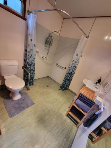 uma casa de banho com um WC, um lavatório e um chuveiro em Queenstown Copper Country Cabins em Queenstown
