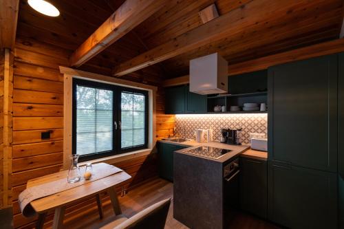 a kitchen with a counter and a table in a cabin at Harz-Urlaubs-Alm Hotel & Ferienhäuser in Clausthal-Zellerfeld
