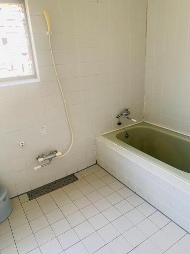 a bathroom with a green tub and a window at Village BFH in Omura