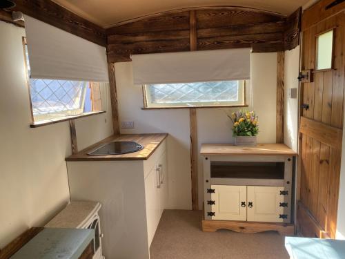 a small kitchen with a sink and two windows at Modern Shepherd's Hut at St Anne's in Plymouth