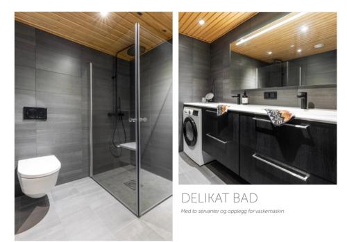 uma casa de banho com um chuveiro, um WC e uma máquina de lavar roupa em Fantastic apartment in Hemsedal, ski in ski out, Fyri Tunet em Hemsedal