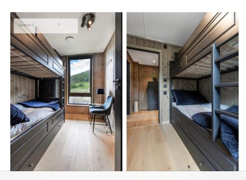 2 stapelbedden in een kamer met een bureau bij Fantastic apartment in Hemsedal, ski in ski out, Fyri Tunet in Hemsedal
