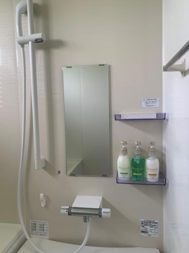 a bathroom with a mirror and a sink at Village BFH in Omura