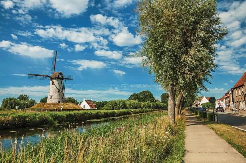 eine Windmühle und ein Bürgersteig neben einem Fluss mit einem Baum in der Unterkunft Cozy Panorama Flat by the Beach in Knokke-Heist
