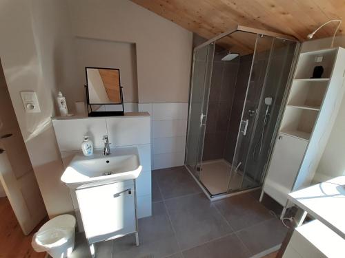 a bathroom with a sink and a shower at Office des bons enfants in Huy