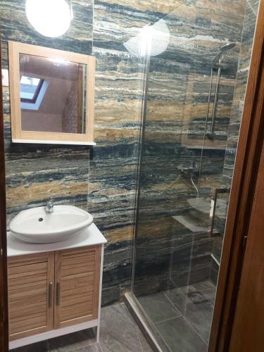 a bathroom with a sink and a glass shower at Anikó Szállás Baja in Baja