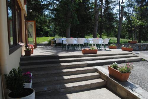 a patio with tables and chairs and potted plants at Apartamentos SNÖ Cerler in Cerler