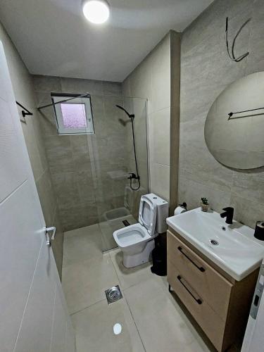a small bathroom with a toilet and a sink at Nautica apartments&studios in Peštani