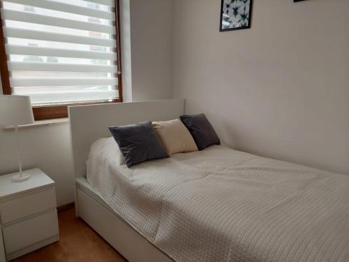 uma cama com duas almofadas num quarto em Apartamenty Zdrojowe em Nałęczów