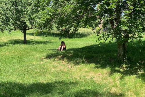 a woman sitting in the grass under a tree at Gîtes du Puyjovent - Côté Forêt - à 15 minutes de Crest, vue panoramique, calme in Piégros-la-Clastre