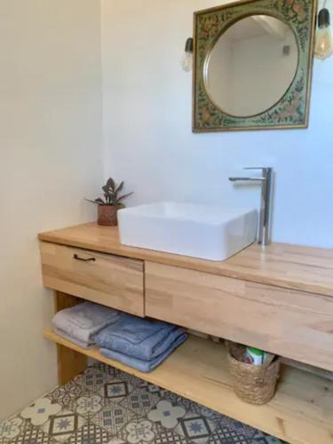 a bathroom with a sink and a mirror on a counter at Gîtes du Puyjovent - Côté Forêt - à 15 minutes de Crest, vue panoramique, calme in Piégros-la-Clastre
