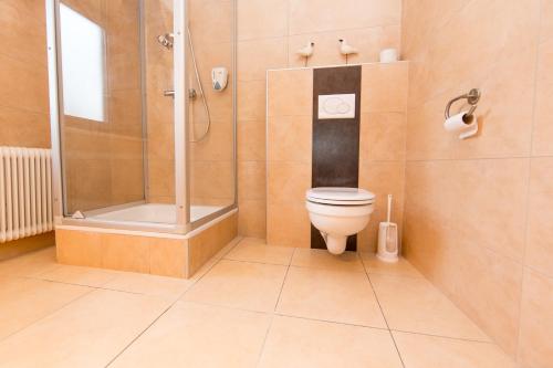 a bathroom with a shower and a toilet at Pension La Mamma in Aschach an der Donau