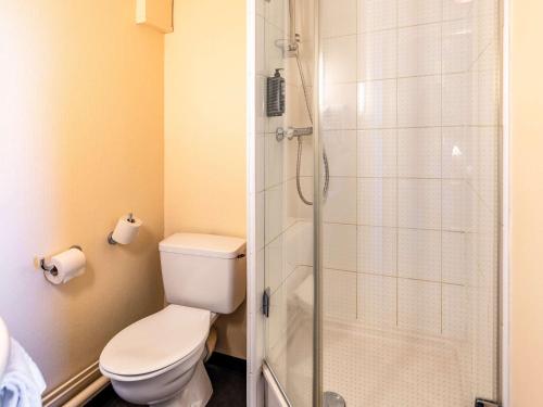 a bathroom with a toilet and a shower at Hotel ibis Autun in Autun